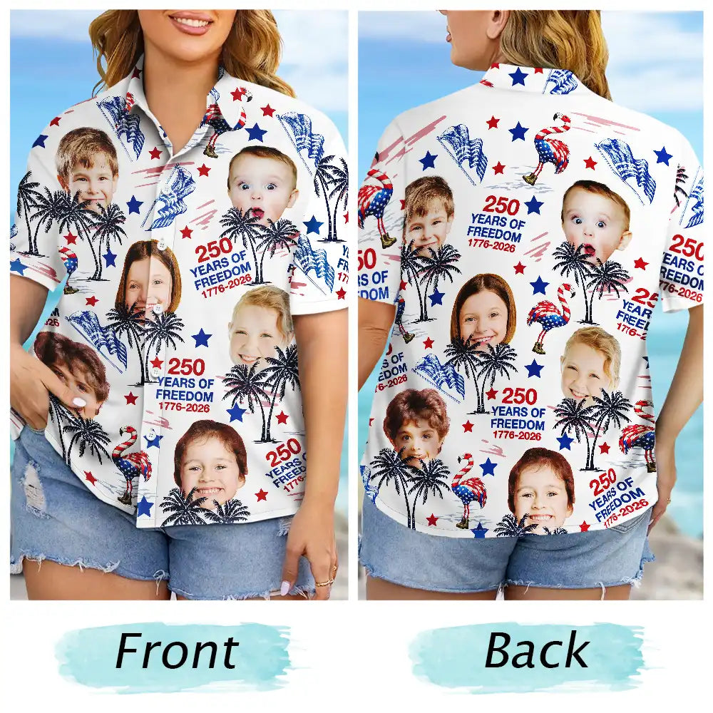 Custom Photo Stars & Stripes Family Pets Kids Tropical Flamingo - Personalized Hawaiian Shirt