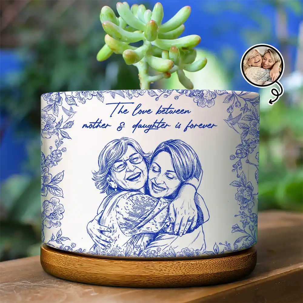 Custom Photo Pencil Sketch The Love Between Mother & Daughter Is Forever - Personalized Ceramic Plant Pot