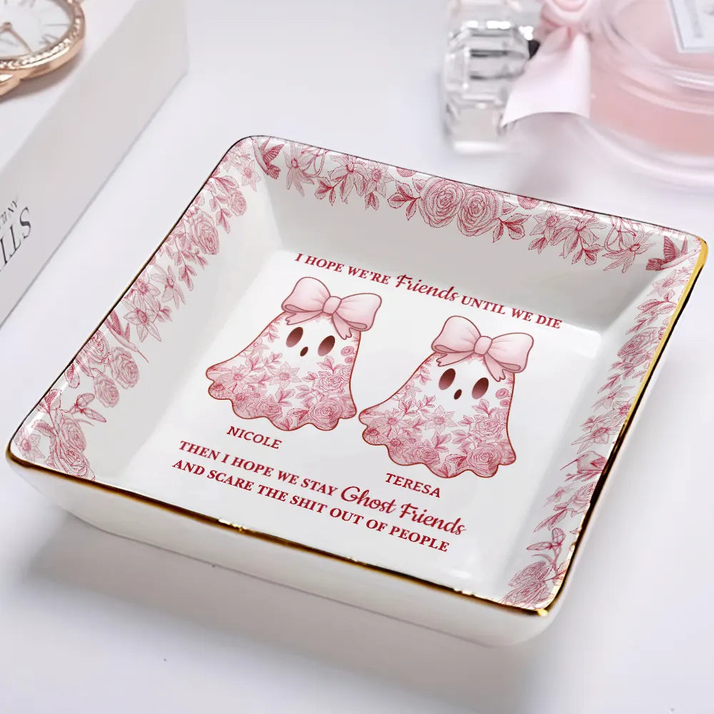 Cute Ghost Bestie Friends Until We Die Toile De Jouy Pattern - Personalized Ring Dish