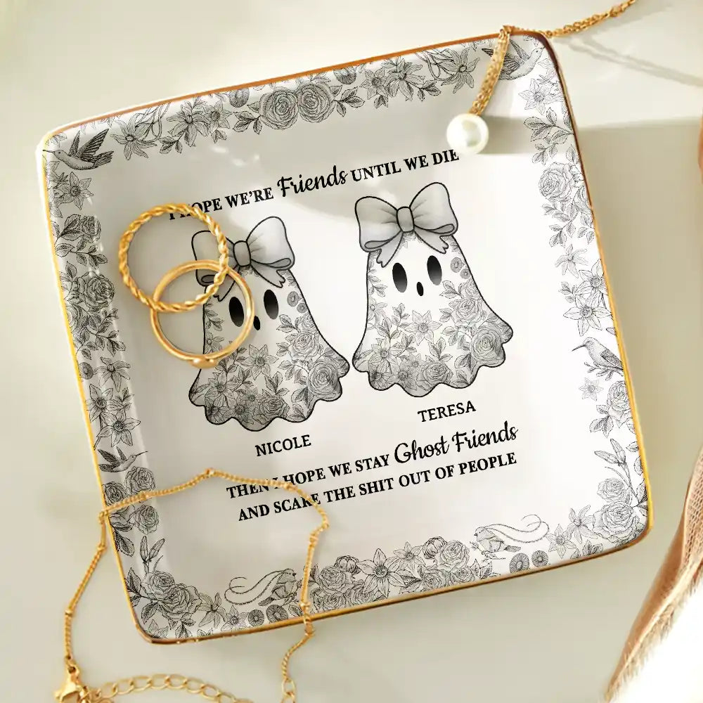 Cute Ghost Bestie Friends Until We Die Toile De Jouy Pattern - Personalized Ring Dish
