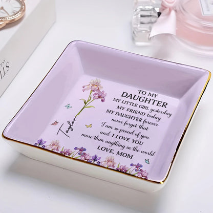 Faux Pressed Birth Flower My Daughter Forever - Personalized Ring Dish