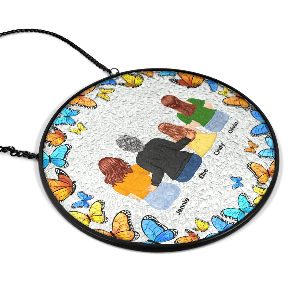 Floral Frame Grandma Mother And Children - Personalized Stained Glass Window Hanging Suncatcher