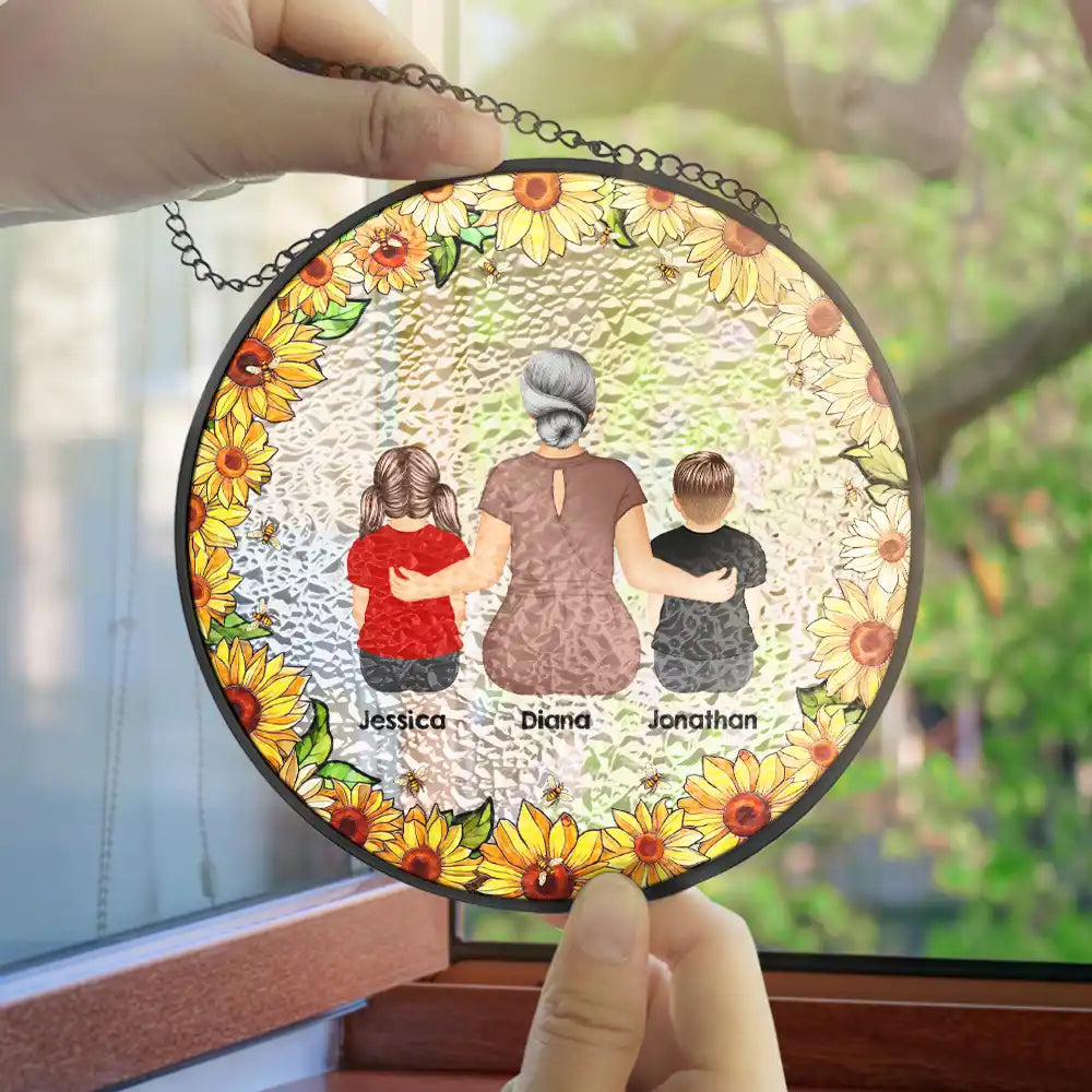 Floral Frame Grandma Mother And Children - Personalized Stained Glass Window Hanging Suncatcher