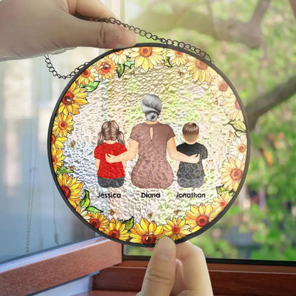Floral Frame Grandma Mother And Children - Personalized Stained Glass Window Hanging Suncatcher