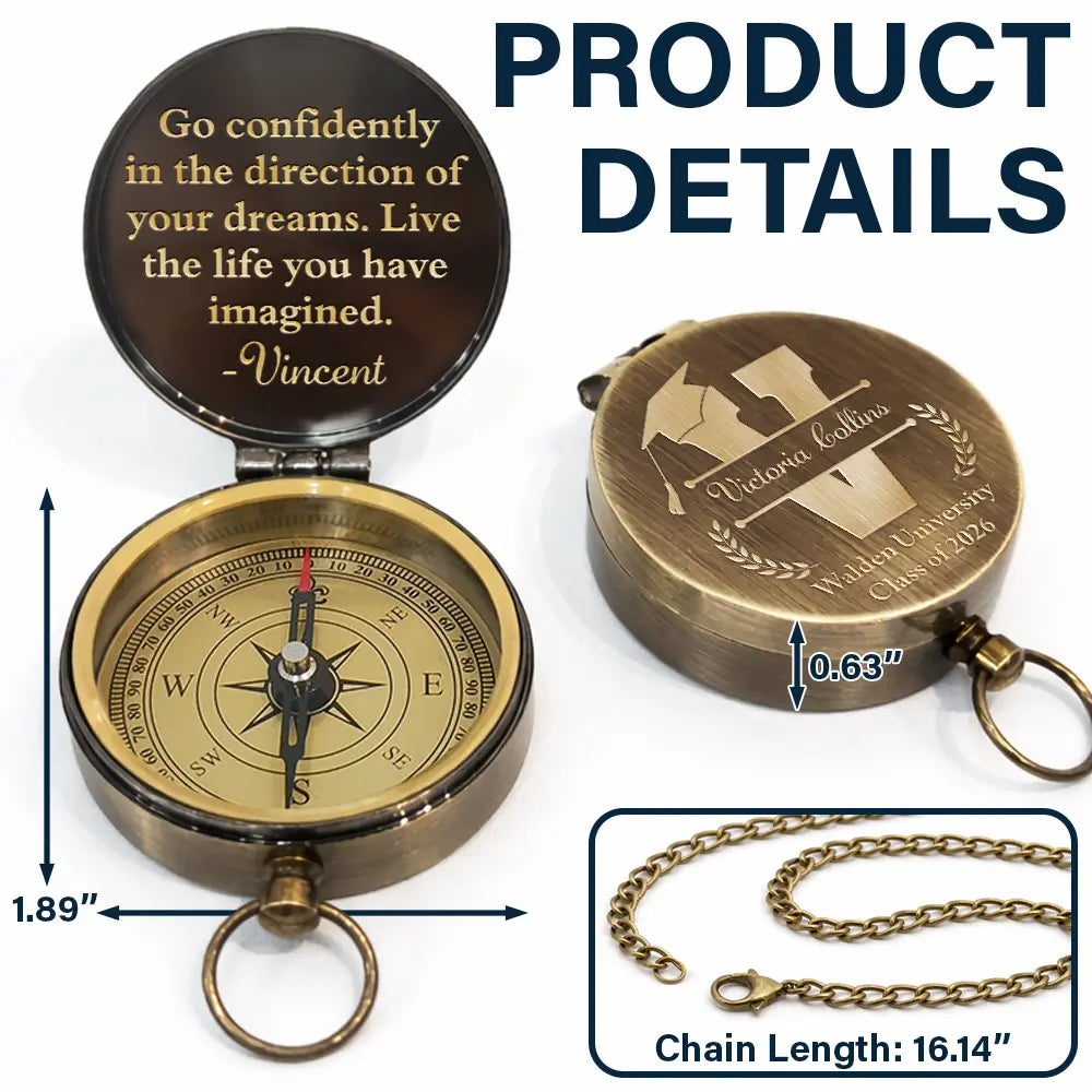 Go Confidently In The Direction Of Your Dreams - Personalized Engraved Brass Compass