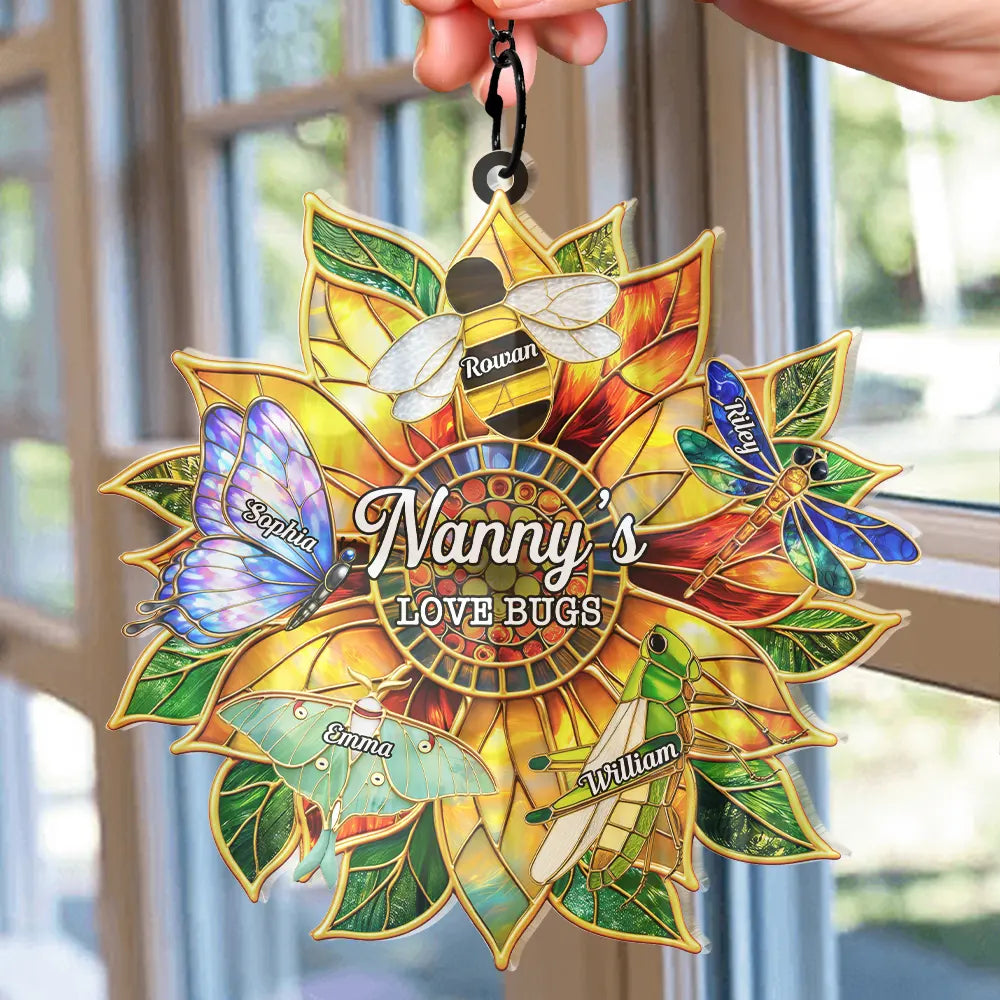 Grandma's Love Bugs Stained Glass Effect - Personalized Window Hanging Suncatcher Ornament