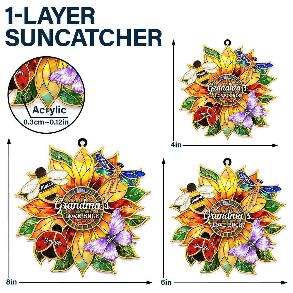Grandma's Love Bugs Stained Glass Effect - Personalized Window Hanging Suncatcher Ornament