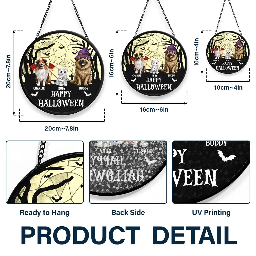Happy Meowloween Halloween Pets - Personalized Stained Glass Window Hanging Suncatcher