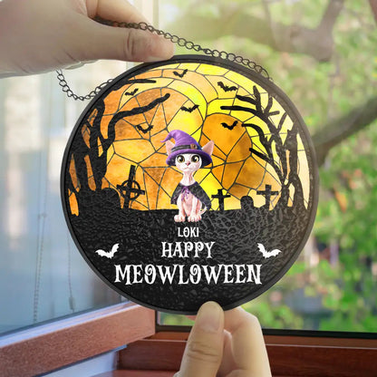 Happy Meowloween Halloween Pets - Personalized Stained Glass Window Hanging Suncatcher