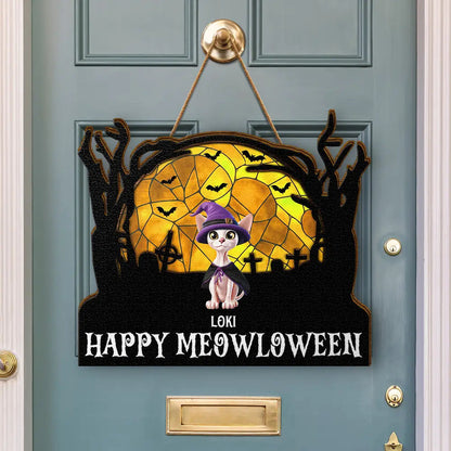 Happy Meowloween Halloween Pets - Personalized Custom Shaped Wood Sign