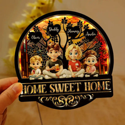 Home Sweet Home Family - Personalized LED Light Wooden Plaque