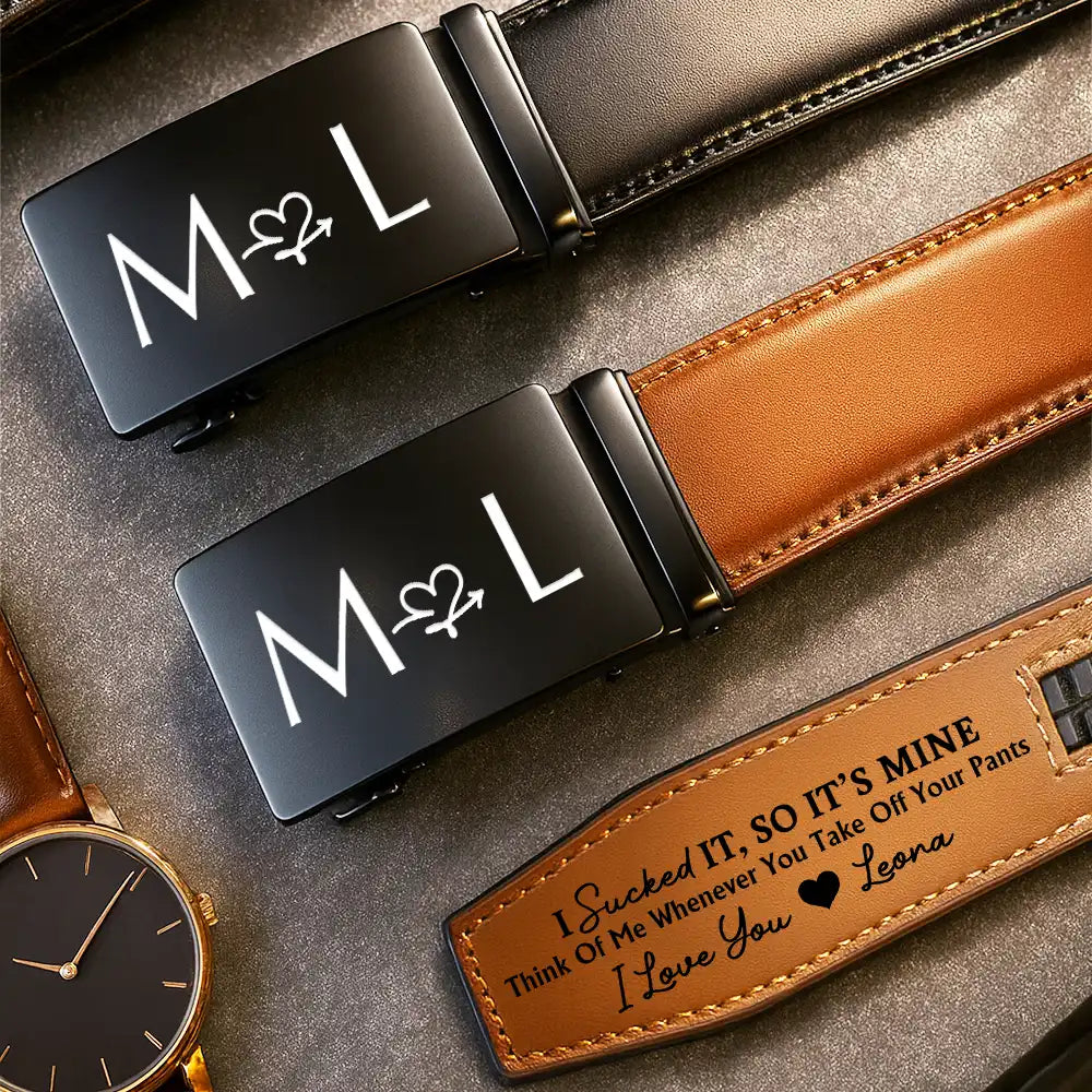 I Licked It So It's Mine Couple Initials - Personalized Leather Belt With Engraved Buckle