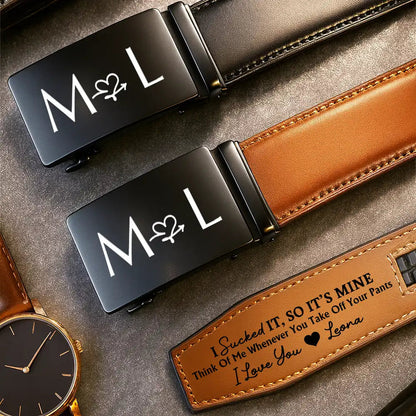 I Licked It So It's Mine Couple Initials - Personalized Leather Belt With Engraved Buckle