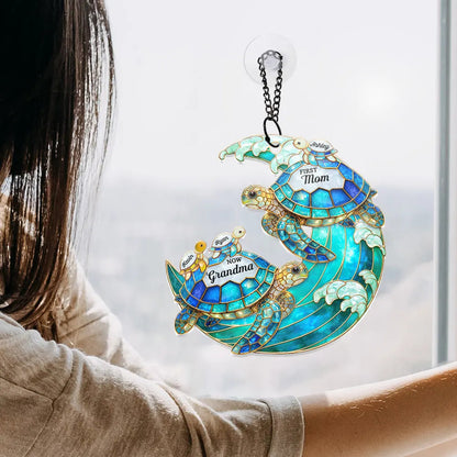 First Mom Now Grandma Stained Glass Turtle - Personalized Window Hanging Suncatcher Ornament