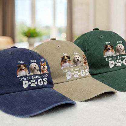 Life Is Better With Dogs - Personalized Vintage Washed Denim Cap