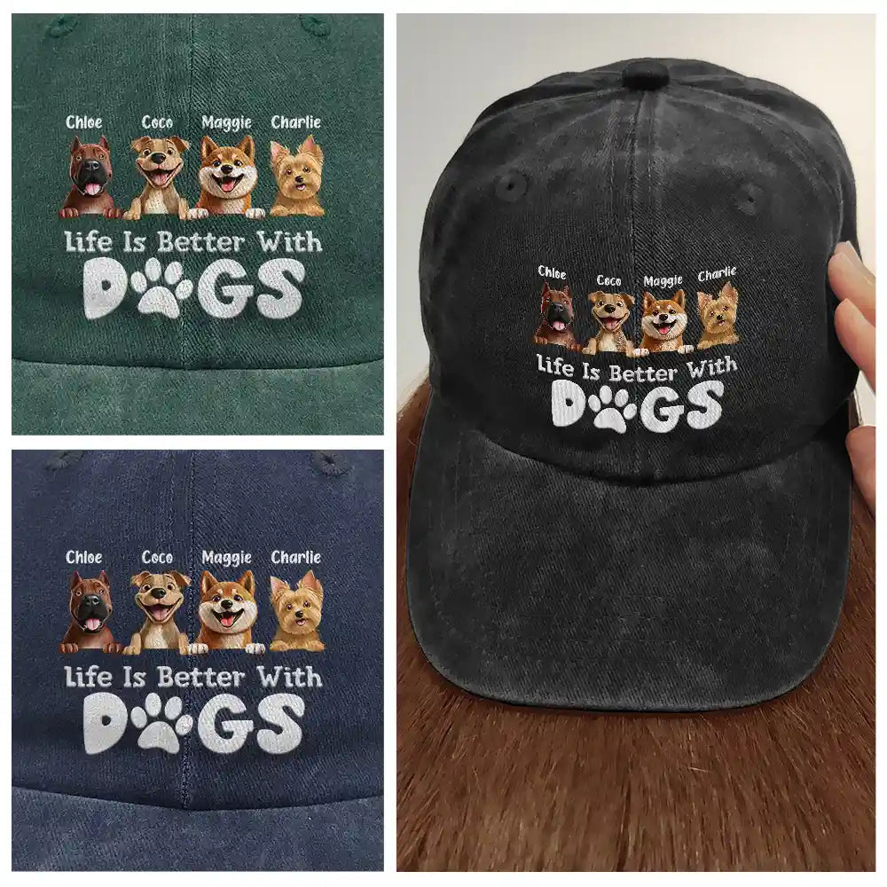 Life Is Better With Dogs - Personalized Vintage Washed Denim Cap
