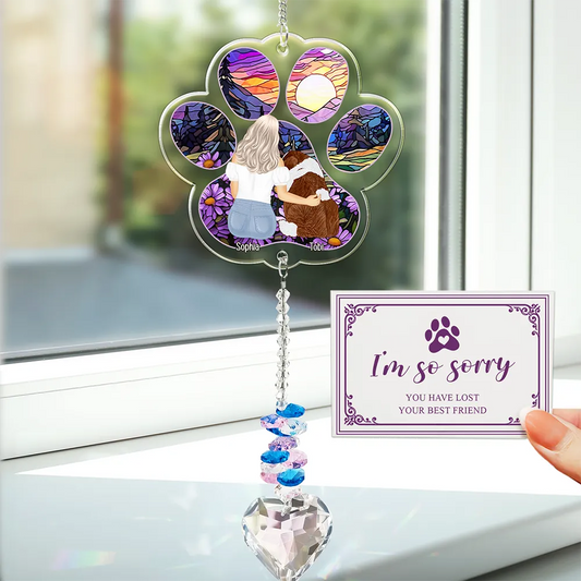 Sympathy Pet Memorial Back View Sorry You Have Lost - Personalized Heart Crystal Suncatcher