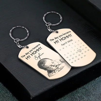 Custom Photo Pencil Sketch Calendar The Day You Became My Mom Dad - Personalized Aluminum Keychain