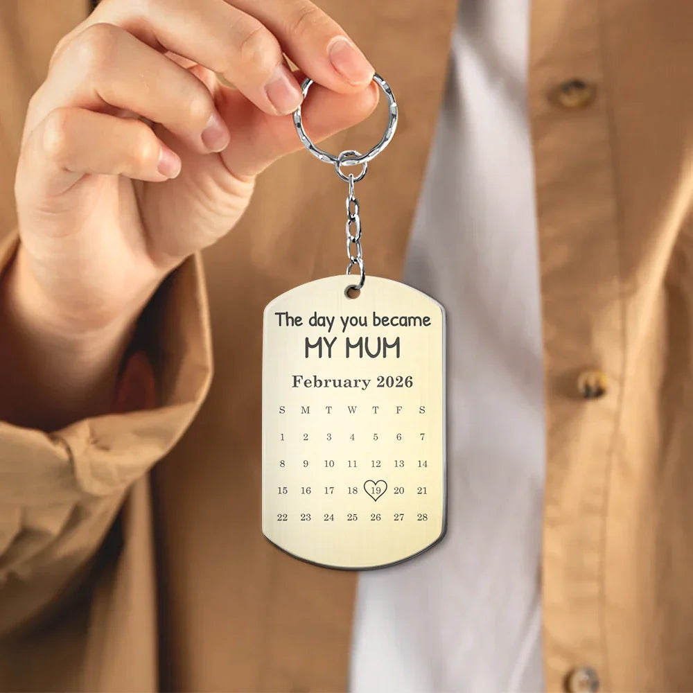 Custom Photo Pencil Sketch Calendar The Day You Became My Mom Dad - Personalized Aluminum Keychain