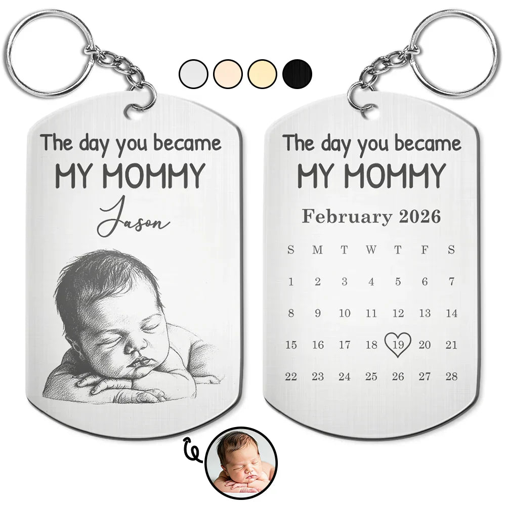 Custom Photo Pencil Sketch Calendar The Day You Became My Mom Dad - Personalized Aluminum Keychain