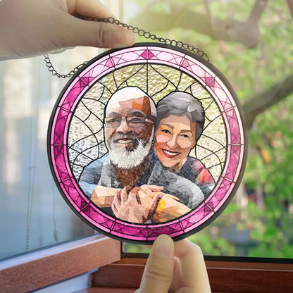 Custom Photo Portrait Couple Family - Personalized Stained Glass Window Hanging Suncatcher