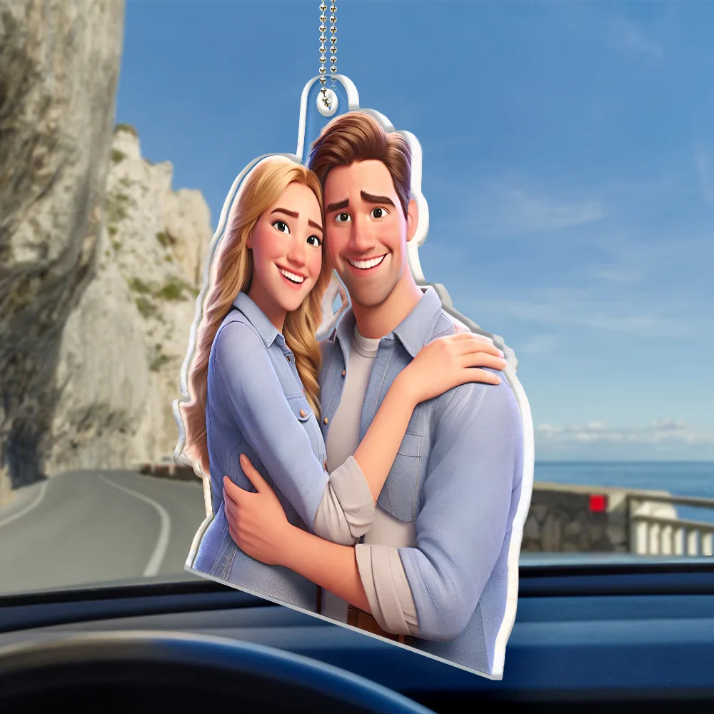 Custom Photo Cartoon Portrait Loving Couple - Personalized Acrylic Car Hanger