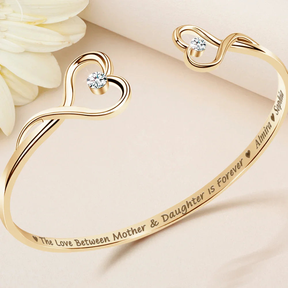 Mother And Daughter Will Always Be Connected By Heart - Personalized Gem Heart Cuff Bracelet