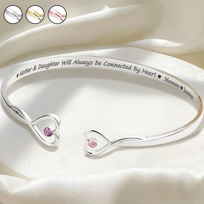 Mother And Daughter Will Always Be Connected By Heart - Personalized Gem Heart Cuff Bracelet