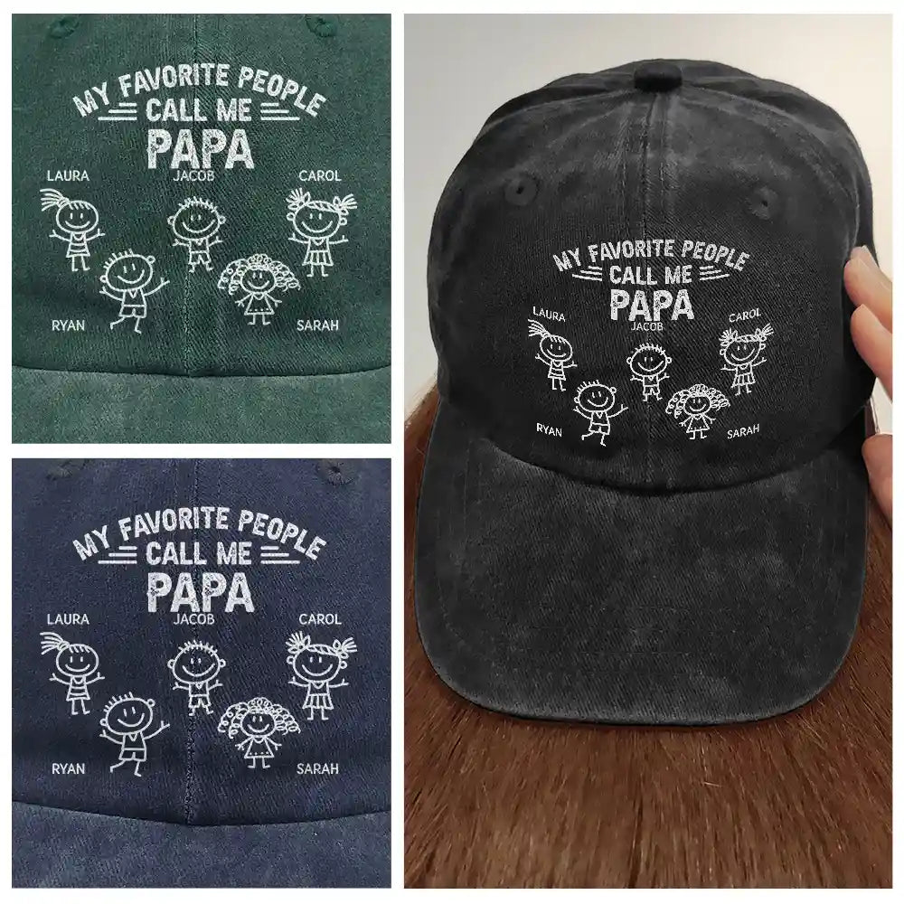 My Favorite People Call Me Papa Kid Stick Figures - Personalized Vintage Washed Denim Cap