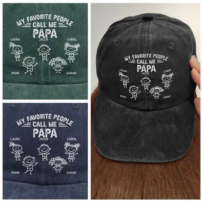 My Favorite People Call Me Papa Kid Stick Figures - Personalized Vintage Washed Denim Cap