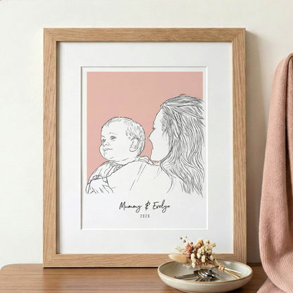 Mummy and Me Colour Block People Line Portrait - Custom Portrait Art