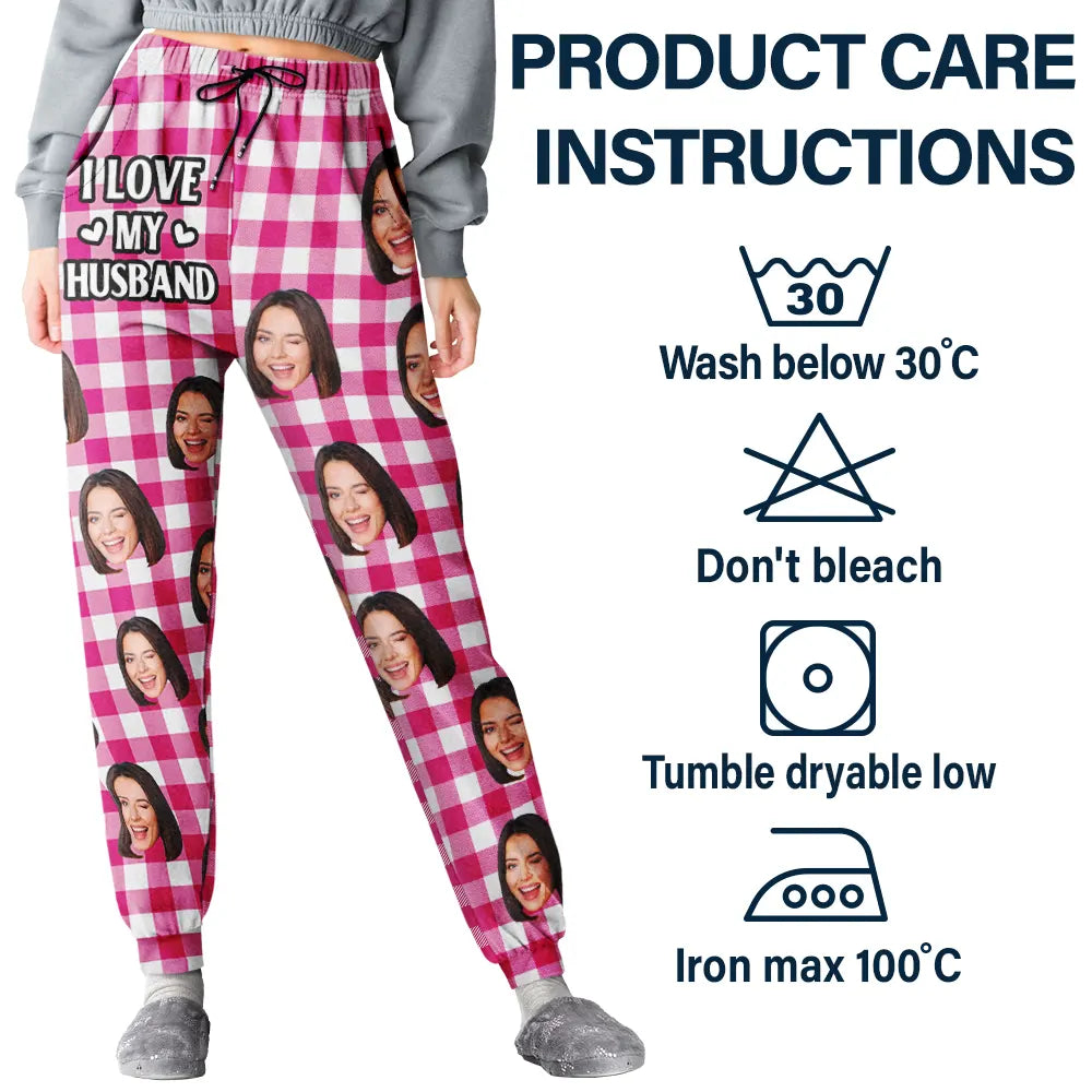 Custom Photo I Love My Wife Husband Girlfriend Boyfriend Plaid Pattern - Personalized Pajama Pants