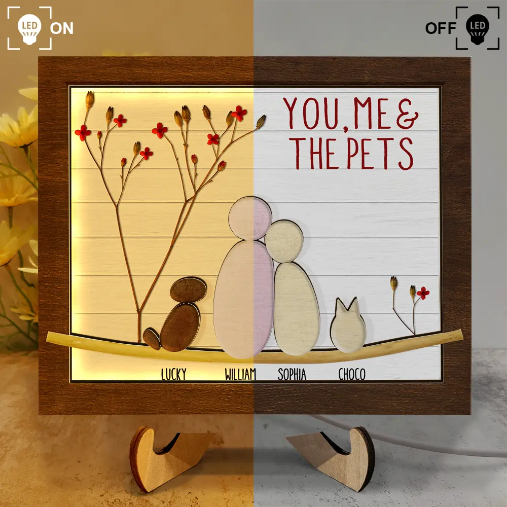 Pebble Couple You Me And The Dog Cat - Personalized LED Light Wooden Plaque