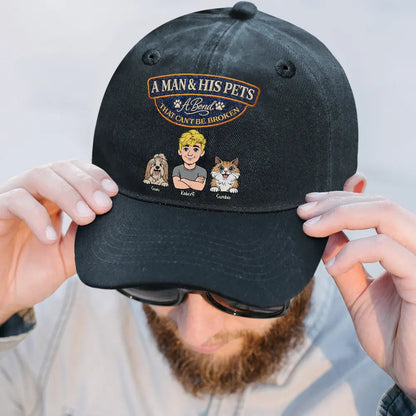 Retro Style A Man And His Dog Cat A Bond That Can't Be Broken - Personalized Vintage Washed Denim Cap