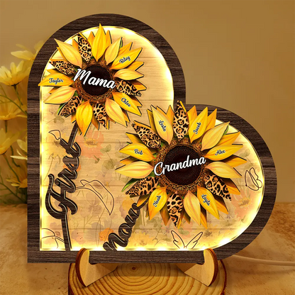 Sunflower First Mom Now Grandma - Personalized LED Light Wooden Plaque