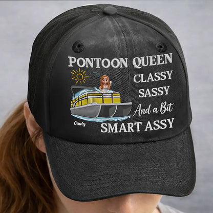 Pontoon Queen Classy Sassy - Personalized Vintage Washed Denim Cap