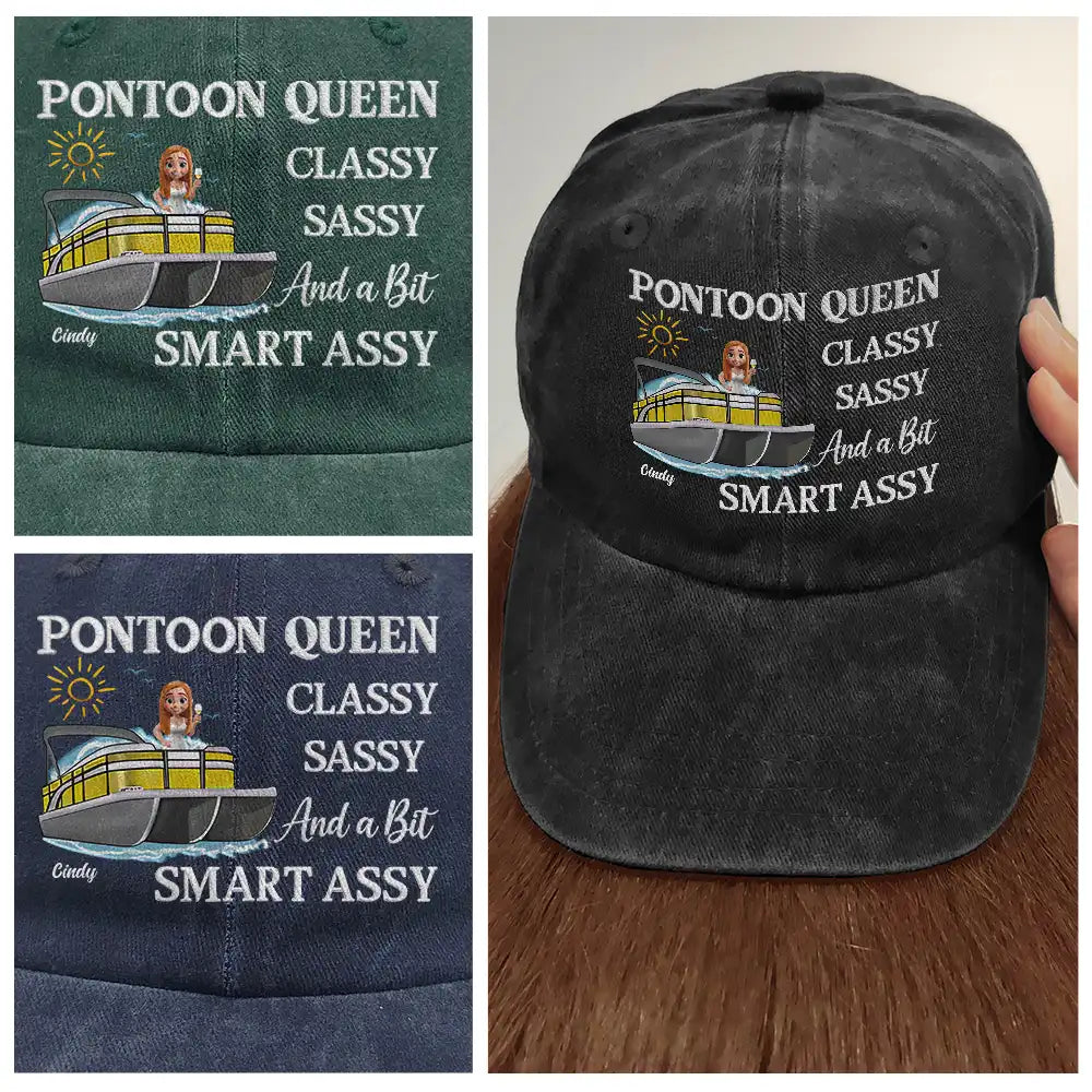 Pontoon Queen Classy Sassy - Personalized Vintage Washed Denim Cap