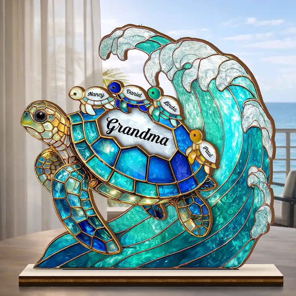 Turtle Stained Glass Mom Grandma - Personalized Custom Shaped Wooden Plaque