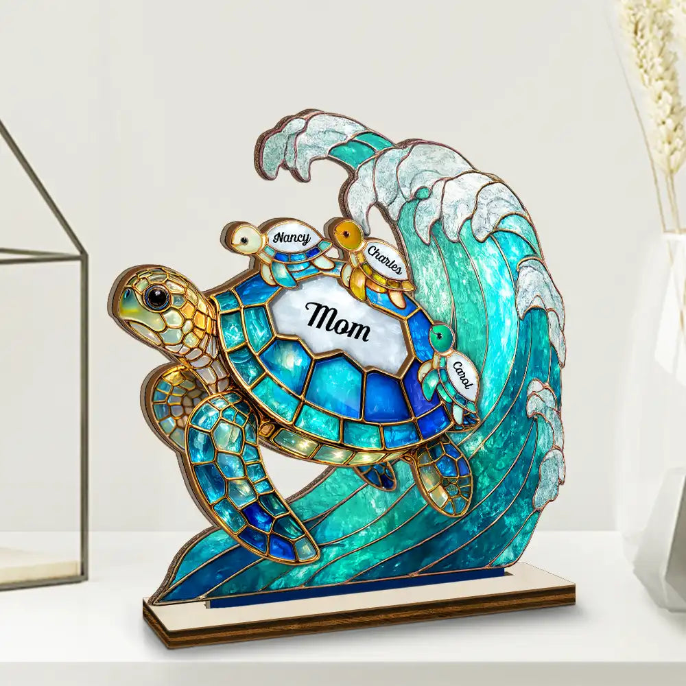 Turtle Stained Glass Mom Grandma - Personalized Custom Shaped Wooden Plaque