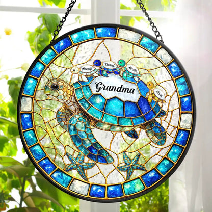 Turtle Stained Glass Mom Grandma - Personalized Stained Glass Window Hanging Suncatcher