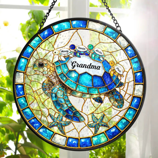 Turtle Stained Glass Mom Grandma - Personalized Stained Glass Window Hanging Suncatcher