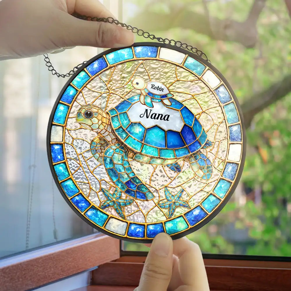 Turtle Stained Glass Mom Grandma - Personalized Stained Glass Window Hanging Suncatcher