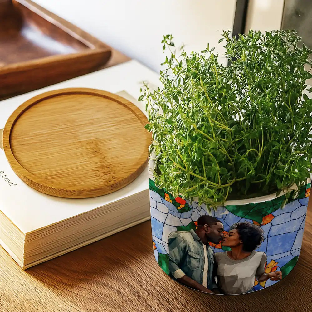 Custom Photo Stained Glass Portrait Mom Grandma Parents Family - Personalized Ceramic Plant Pot