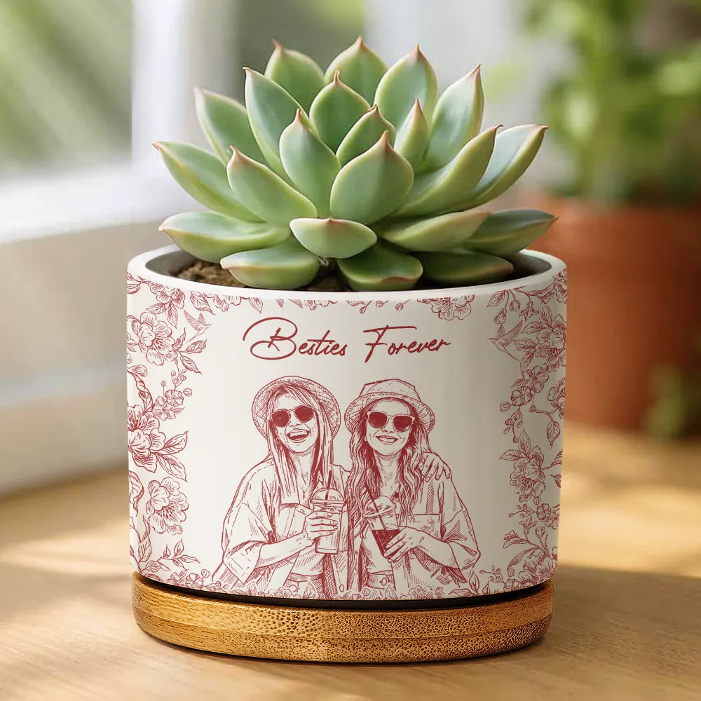 Custom Photo Pencil Sketch A True Friendship Is A Journey Without An End - Personalized Ceramic Plant Pot