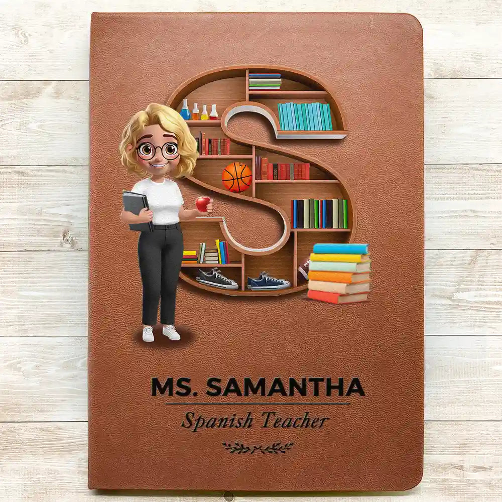 Teacher Alphabet Bookshelf Letter - Personalized Leather Journal