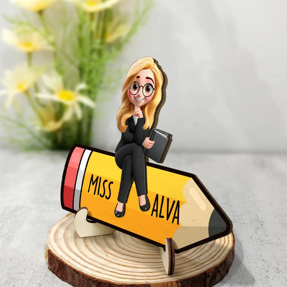 Teacher Sitting On The Pencil - Personalized 2-Layered Wooden Plaque With Stand