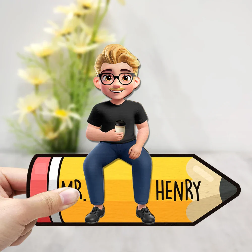 Teacher Sitting On The Pencil - Personalized 2-Layered Wooden Plaque With Stand