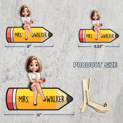 Teacher Sitting On The Pencil - Personalized 2-Layered Wooden Plaque With Stand