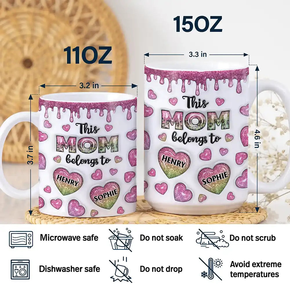 This Mom Grandma Belongs To Heart Icon - 3D Inflated Effect Printed, Personalized White Edge-to-Edge Mug
