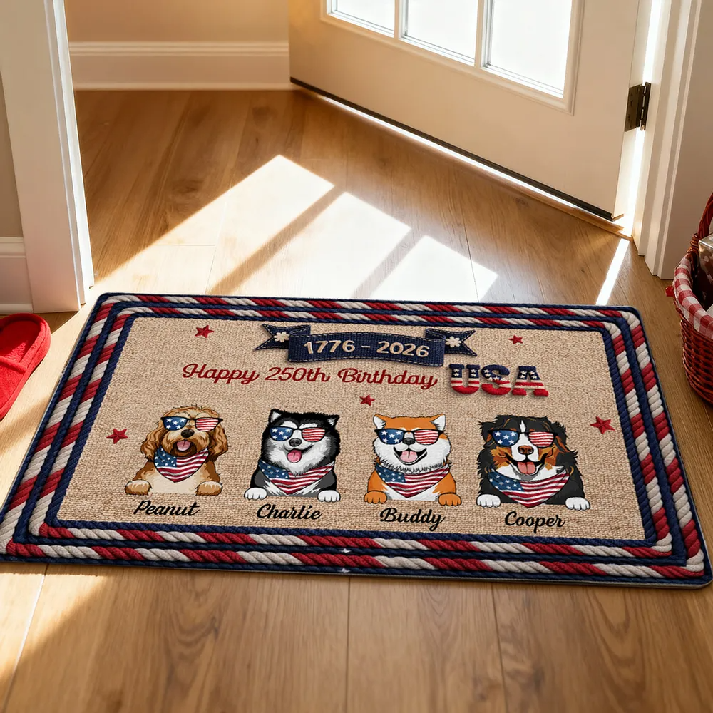 USA 250th Birthday Patriotic Flag Dog Faux Yarn Pattern - Personalized Doormat